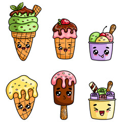 Kawaii style ice cream set. Cute sweet character collection isolated on white. Summer dessert illustration