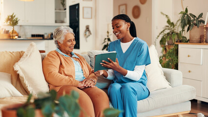 Tablet, discussion and elderly woman with nurse for medical test results on sofa in home. Digital...