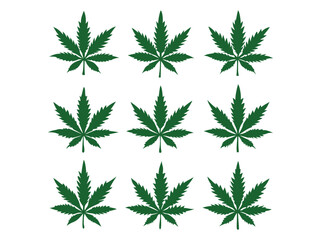 Green cannabis leaf silhouettes arranged in a grid pattern.  graphic design featuring a grid of twelve identical, solid green cannabis leaf silhouettes against a pure white background. cannabis, marij