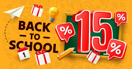 Back to School special offer, Sale 15 percent. Vector illustration 