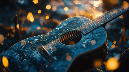 A weathered acoustic guitar, drenched in water droplets, rests amidst a warm, glowing light