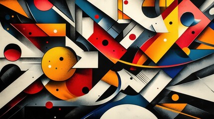 An energetic Cubism-inspired design with angular shapes, bold lines, and vibrant hues