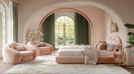 Pink bedroom with arched window
