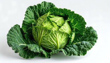 Obraz premium Fresh green savoy cabbage on white background. Perfect for healthy eating, cooking, and food blogs.