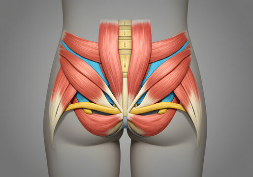 Detailed Anatomy Illustration of Female Pelvic Muscles: Gluteus Maximus, Medius, Minimus, and Obturator Internus Muscles Shown