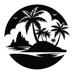 Silhouette tropical island with palm trees, rocks, water, and seagulls inside a black circle looks simple