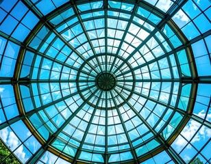 Stunning architectural detail a glass dome ceiling showcasing a mesmerizing radial pattern against a vibrant blue sky. Perfect for design, architecture, and travel projects.