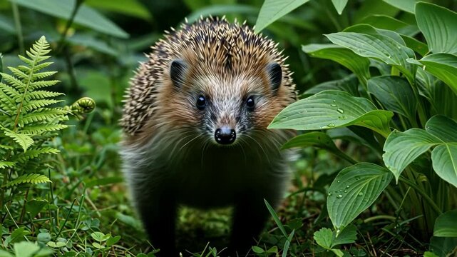 A hedgehog in a green forest. Close-up view.