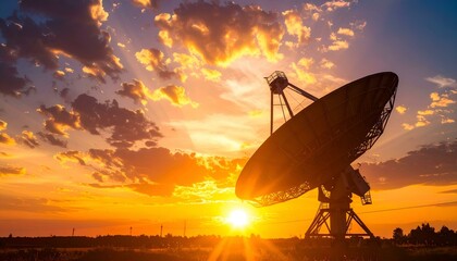 Dramatic sunset silhouette of a large satellite dish against a vibrant, fiery sky.  Perfect for science, technology, and communication themes.