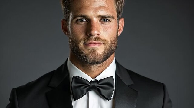 Portrait of a man in a black tuxedo and bow tie against a dark gray background. He has short brown hair and a beard. The lighting is soft and even