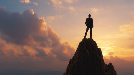 Silhouette of a person atop a mountain peak at sunset.