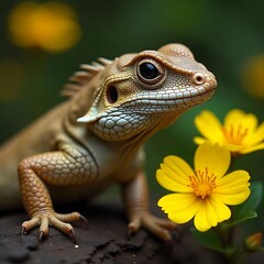 Fototapeta premium Lizard on a Rocky Perch with Vibrant Yellow Flowers in the Background