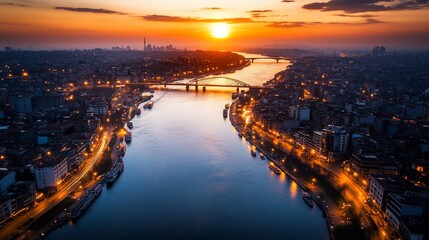 Fototapeta premium Cityscape glows at sunset over river, bridges, buildings & cityscape