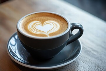 Latte with creamy heart foam in dark mug