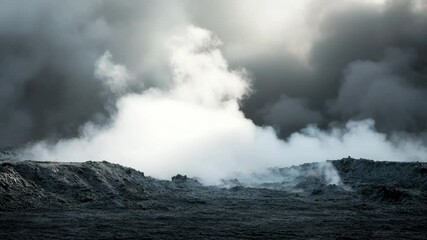 A desolate volcanic landscape covered in thick fog and smoke, with a dark and moody atmosphere. The scene evokes feelings of mystery, danger, and dystopian isolation. - Powered by Adobe