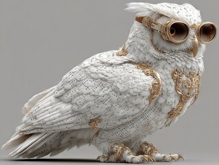 Majestic owl with white feathers and binary code patterns, vintage goggles reflecting golden light, neutral gray background highlighting tech-mystic contrast
