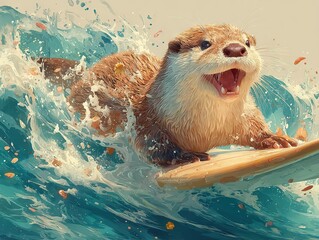 Playful otter rides wooden surfboard through turquoise waves, orange autumn leaves splashing, dynamic water texture under sunlight.
