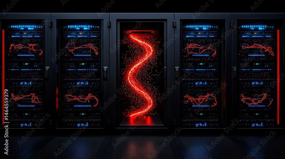 Poster server room illuminated by red lights creating a high-tech atmosphere for data processing operations