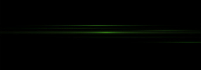 green Laser Beams and Horizontal Light Glare. Bright Flash and Speed Lines with Shine Overlay Effect. Futuristic Glowing Light Trails in  on Transparent Background for Graphic Design