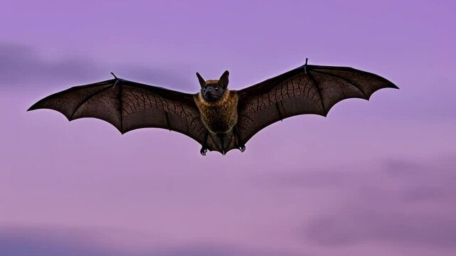 A bat in flight against a twilight sky