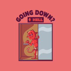 Devil character inside an elevator to hell vector illustration. Mascot, brand design concept.