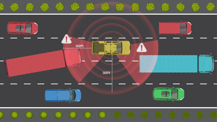 top view flat of car vehicle with car blind motion sensor braking emergency accident and road