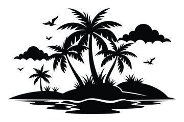 Black silhouette depicts a serene island with palm trees, clouds, and birds in flight