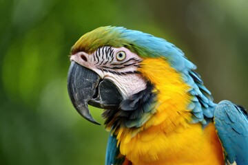 In a tropical setting, a vibrant macaw stands out with its brilliant blue and yellow feathers. The bird's detailed face and eyes draw attention amid the lush green backdrop