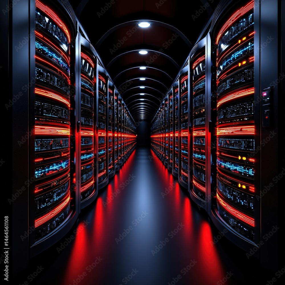 Poster a long and organized row of servers in a high-tech environment for data processing and storage