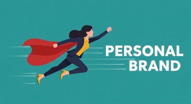 AI image Businesswoman as a superhero with red cape flying, text "PERSONAL BRAND" symbolizing confidence, empowerment, and career success.