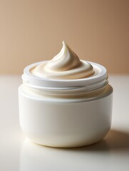 A sleek jar filled with a rich moisturizing cream features a soft swirl on top. The neutral background enhances the product's elegance, making it visually appealing for skincare enthusiasts