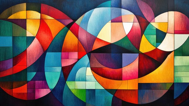 A vibrant Cubist composition with angular patterns and a harmonious blend of vivid hues 