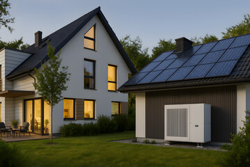 Obraz premium Residential House with Solar Panels and Heat Pump