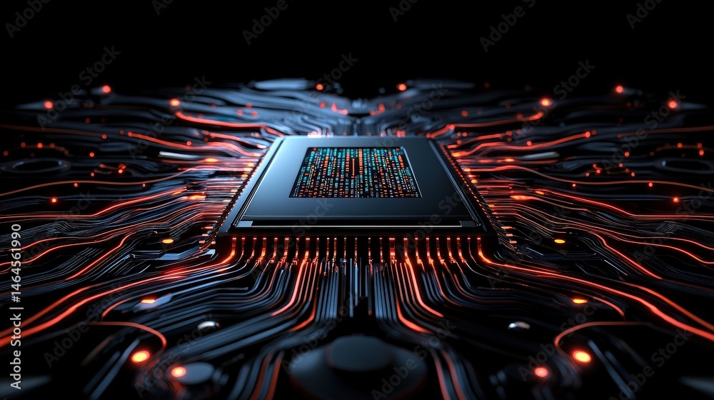 Poster laptop computer displaying circuitry on a background representing modern technology and innovation