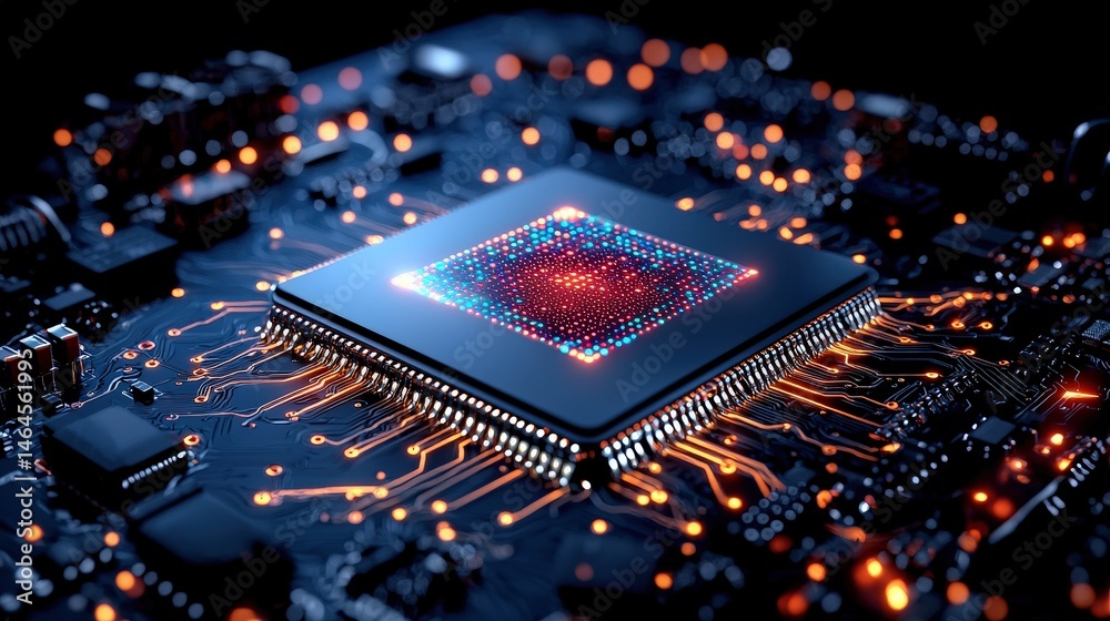 Poster close-up view of a computer chip with intricate details on a circuit board for electronics