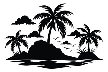 Exotic island silhouette featuring palm trees, clouds, birds, and ocean waves creates a serene paradise