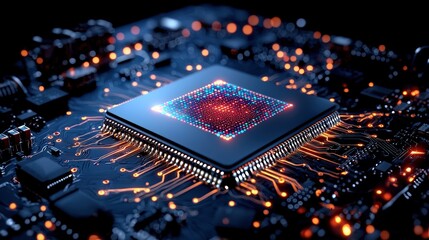 Close-up view of a computer chip with intricate details on a circuit board for electronics