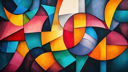 A vibrant, abstract background in the Cubism style, filled with geometric shapes and bold colors, creating a dynamic and artistic composition