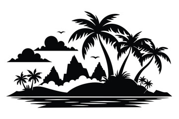 Fototapeta premium Silhouetted island features swaying palms, mountains, reflective water, and flying birds in black