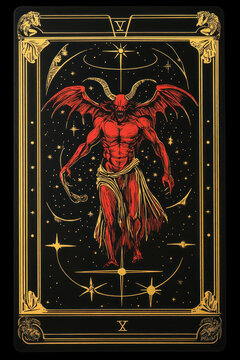 intricate tarot card illustration featuring red demon figure with wings and horns, set against mystical backdrop with celestial symbols. occult concept, spiritual theme, divination. fortune telling