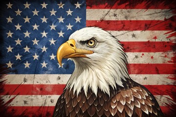 Naklejka premium Vintage American Eagle with Tattered US Flag Behind