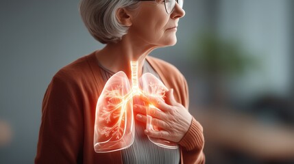 Elderly woman holding chest in discomfort with glowing 3D rendering of lungs and heart beside her, symbolizing respiratory or cardiac health concern. Concept of senior healthcare and medical diagnosti