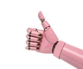 A pink AI woman robot hand giving a thumbs up isolated on a transparent background png artificial intelligence concept