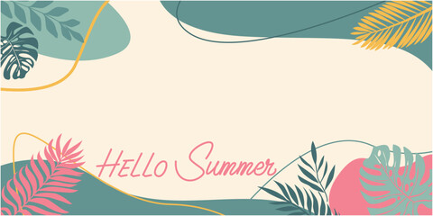 Summer tropical illustration. Colorful tropical plant decoration background. Summer and Vacation decorative illustration. Vector illustration.
