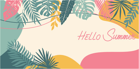 Summer tropical illustration. Colorful tropical plant decoration background. Summer and Vacation decorative illustration. Vector illustration.