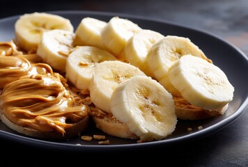 Delicious Slices of Banana on Toast Spread with Creamy Nut Butter on a Dark Plate Ready for a Nutritious Breakfast or Snack
