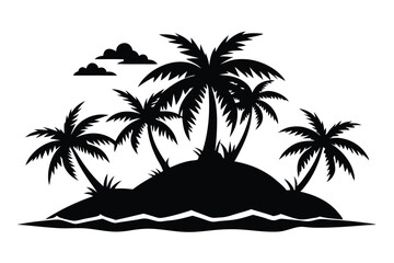 Black silhouette shows palm trees on a tropical island with clouds above