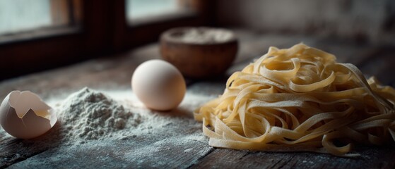 Fresh pasta ingredients rest on a rustic wooden table, evoking a warm, homely feel with flour, eggs, and handmade pasta ready to be cooked.