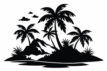 Silhouette shows island paradise with palm trees, lush foliage, hills, and serene atmosphere