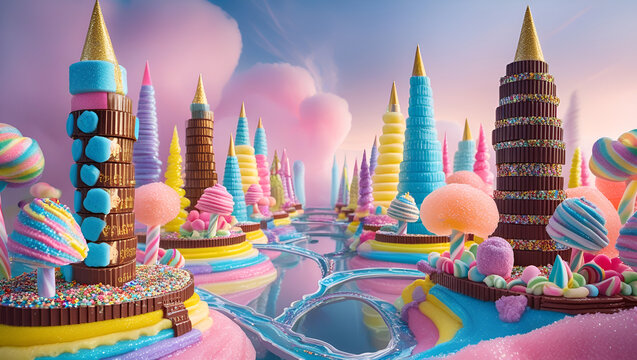 A dreamlike metropolis built entirely from sweets&mdash;skyscrapers made of stacked chocolate bars, gumdrop trees, licorice bridges, and a cotton candy sky.